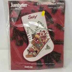 Janlynn SUZY'S ZOO Christmas Stocking Sledding Cross Stitch Kit #38-52 1989 VTG
